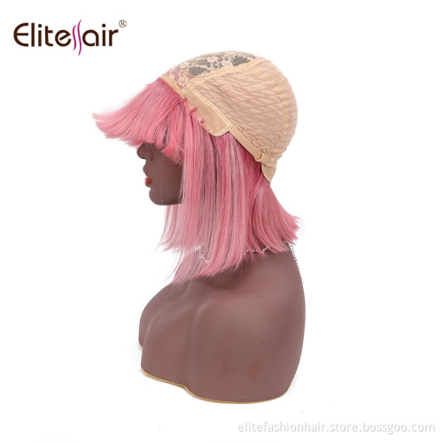 Hot pink Bob Wig with Bangs Straight Human Hair Non Lace Brazilian Virgin Hair Short Wigs For Black Women Full Machine Made Wigs